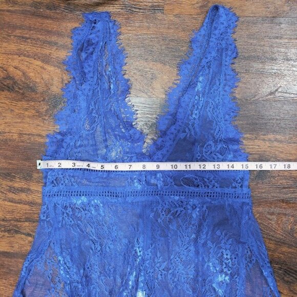 Sheer Lace Gown Wrap Electric Blue Deep V Festival Lingerie Goth S/M - Picture 7 of 13